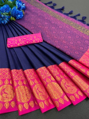 Fancy Fab Woven Pochampally Cotton Silk Saree(Dark Blue)