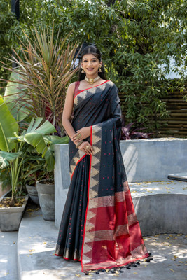 Bansari Textiles Self Design, Woven, Temple Border, Applique, Striped, Printed Banarasi Cotton Blend, Jacquard Saree(Black)
