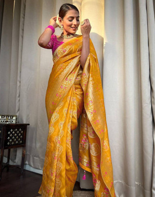 Samah Woven, Embellished, Self Design Banarasi Art Silk Saree(Yellow, Pink)