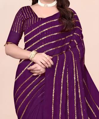 Falcan Enterprise Striped Bollywood Georgette Saree(Purple)