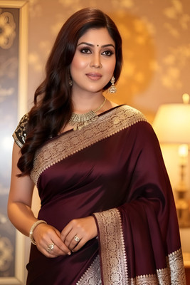 Sijileen Solid/Plain, Woven Banarasi Satin Saree(Maroon)