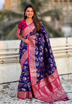 Plothah: Woven Banarasi Pure Silk Saree(Blue, Pink)