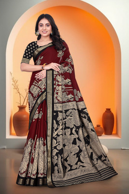 lakshmi silks Printed Kalamkari Cotton Blend Saree(Maroon)