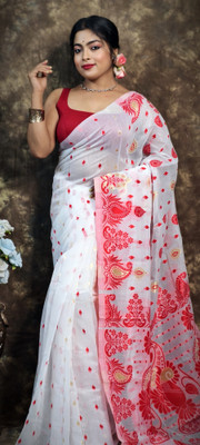 GulabiSaheba Self Design Jamdani Cotton Silk Saree(White, Red)
