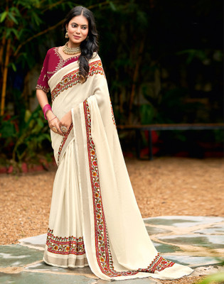 Satrani Solid/Plain, Printed Bollywood Tussar Silk Saree(Cream)