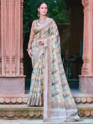 Anouk Rustic Digital Print Leheria Cotton Linen Saree(Yellow)