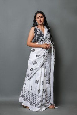 Jaipuri Print Solid/Plain Daily Wear Pure Cotton Saree(White)