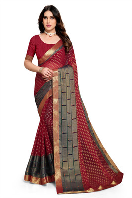 EMV Printed, Floral Print Bollywood Brasso, Chiffon Saree(Red, Brown)