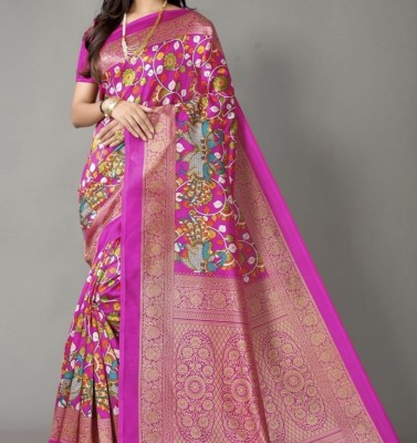 Grubstaker Printed Daily Wear Cotton Blend Saree(Pink)