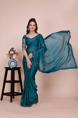 V AMAN FASHION Solid/Plain, Self Design, Embroidered Bollywood Chiffon, Jimmy choo Saree(Green)