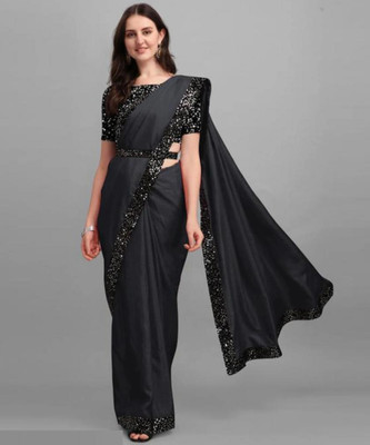 JSK MANUFACTURER Solid/Plain, Embroidered, Embellished Bollywood Silk Blend Saree(Black)