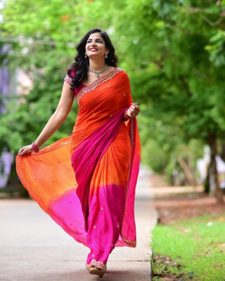 Pandadi Saree Embroidered, Solid/Plain Bollywood Silk Blend Saree(Orange, Pink)
