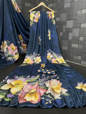 Pemal Designer Floral Print, Printed Bollywood Crepe Saree(Dark Blue)