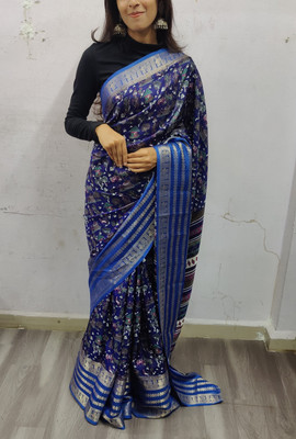 Sanwariya Silks Printed Bollywood Cotton Blend Saree(Dark Blue)