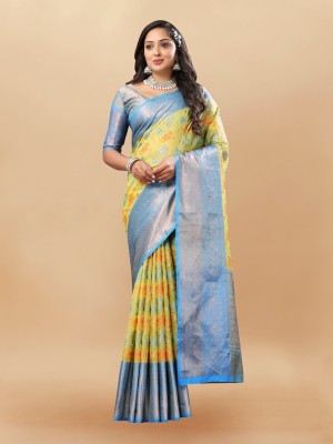 VISVASTA Self Design, Woven, Printed, Temple Border, Striped Paithani Jacquard, Cotton Silk Saree(Yellow)