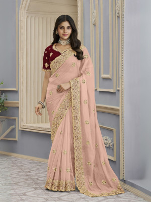 odette Embellished Saree with Attached Blouse Georgette Saree(Pack of 2, Pink)