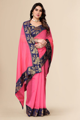 FABMORA Striped, Self Design, Solid/Plain Bollywood Cotton Silk Saree(Pink)