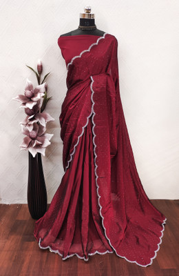 ZELENKA Embroidered Bollywood Chiffon Saree(Red)