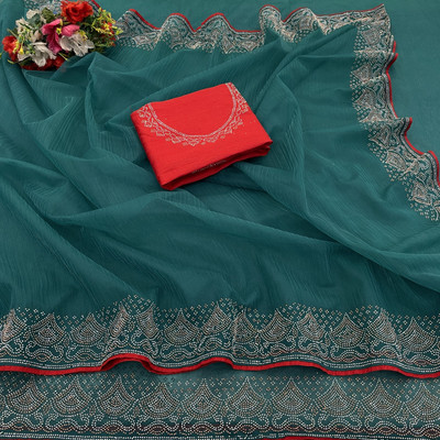 HouseOfCommon Embellished, Solid/Plain Bollywood Supernet Saree(Dark Green)