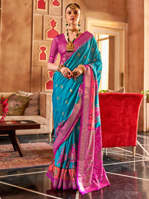 Tasrika Woven Patola Silk Blend Saree(Blue)