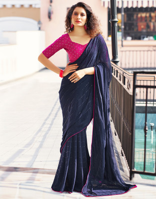 Samah Embellished, Solid/Plain Bollywood Georgette Saree(Blue)
