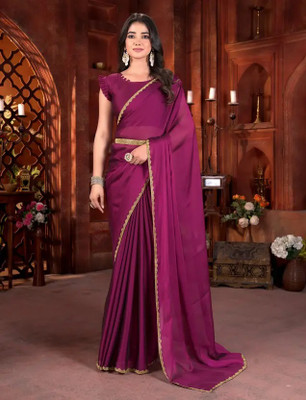 OnlllineBazaaar Embellished, Embroidered, Solid/Plain Bollywood Chiffon, Pure Silk Saree(Purple)