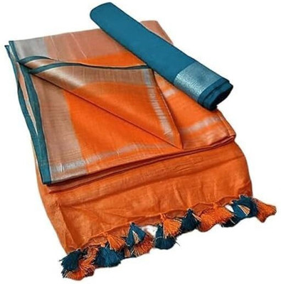 WEAVE TRENDS Solid/Plain, Woven Bollywood Cotton Linen Saree(Orange)