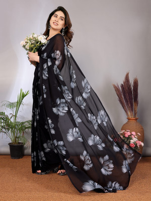 VJ FASHION Floral Print Daily Wear Georgette Saree(Black, White)