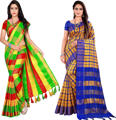 PRIYANSH CREATION Checkered Bollywood Cotton Silk Saree(Pack of 2, Multicolor)