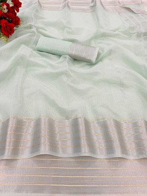 Vikash fab Solid/Plain Kasavu Cotton Linen Saree(Green)
