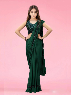 VRAJTEX FAB Embellished, Solid/Plain Bollywood Lycra Blend Saree(Green)