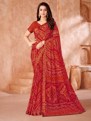 Divastri Printed Bandhani Chiffon Saree(Red)