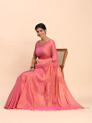 NIBIRAPON Solid/Plain Handloom Tissue Saree(Pink)