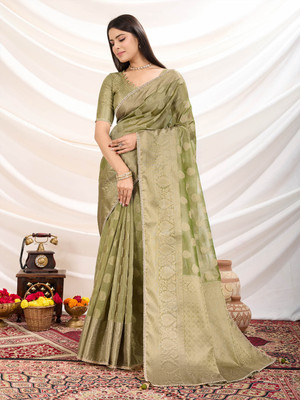 Meena Bazaar Woven Bollywood Art Silk Saree(Green)