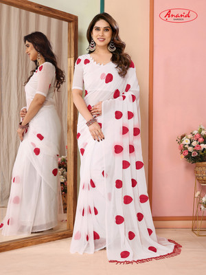 Anand Sarees Embroidered, Self Design Bollywood Chiffon, Georgette Saree(White, Red)
