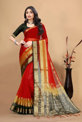 Aarunika BS Solid/Plain Bollywood Organza Saree(Red)