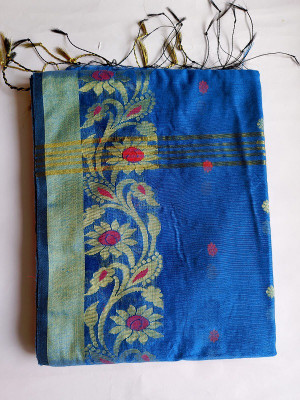 SHREE GANESH COLLECTION Printed, Self Design Handloom Cotton Silk Saree(Blue)
