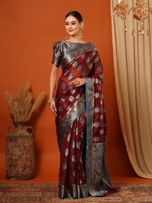 VILLAGIUS Embellished, Self Design, Floral Print Banarasi Organza, Jacquard Saree(Maroon)