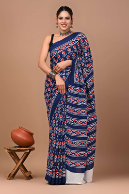 Printed Threads Blocked Printed Daily Wear Pure Cotton Saree(Blue)