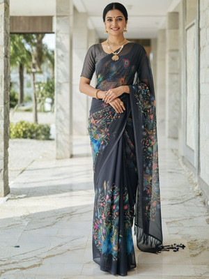 ZAMUNA Floral Print, Digital Print Daily Wear Georgette Saree(Black)
