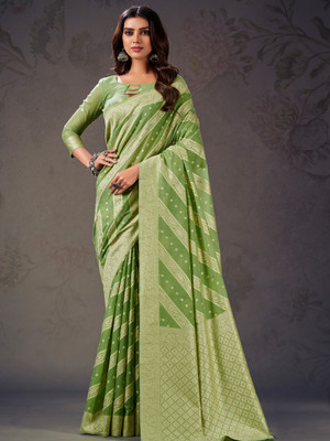 KARAGIRI Geometric Print Bollywood Cotton Blend Saree(Green)