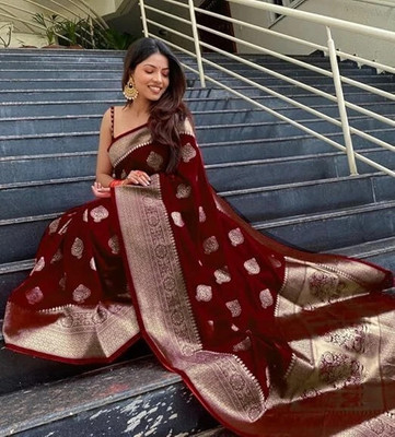 CKDESIGNER Woven Banarasi Jacquard Saree(Maroon)