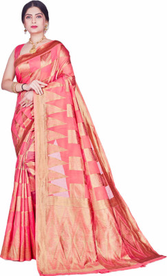 SHRIMAY Color Block, Self Design, Checkered Banarasi Cotton Silk Saree(Pink)