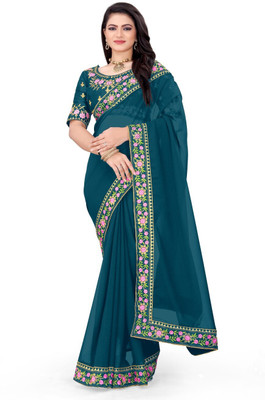 DRIZOMIZ Solid/Plain Bollywood Georgette Saree(Blue)