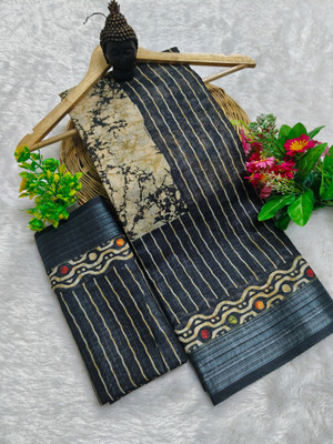 Mervadiya Printed Kanjivaram Pure Cotton, Cotton Silk Saree(Black)
