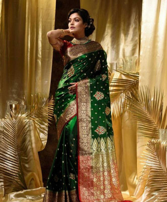 ZIMAL HANDLOOM Embroidered Banarasi Satin Saree(Green)