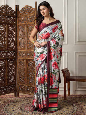 Sangria Printed Daily Wear Satin Saree(Cream)