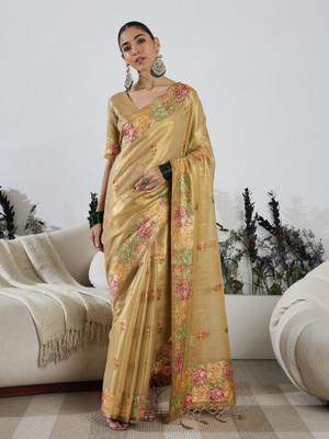 Vichitra Woven, Self Design Banarasi Tissue, Silk Blend Saree(Beige)