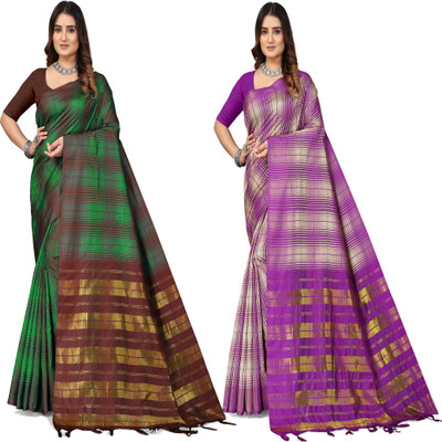 Shaibo saree Checkered Daily Wear Cotton Blend Saree(Multicolor)
