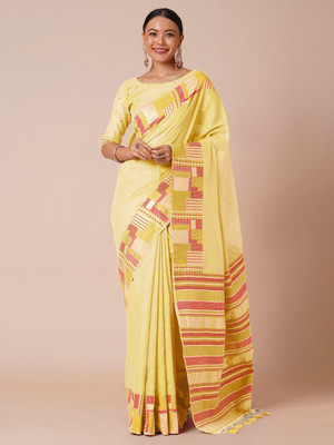 House of Pataudi Woven Banarasi Silk Blend Saree(Yellow)